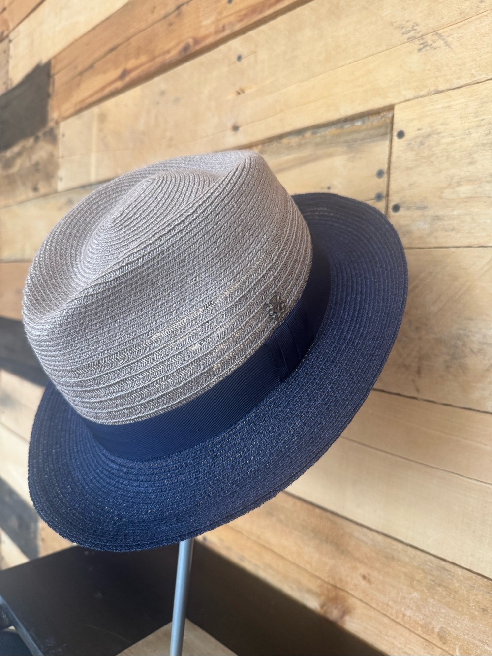 Mayser Two-Tone Straw Fedora Hat in Beige and Navy